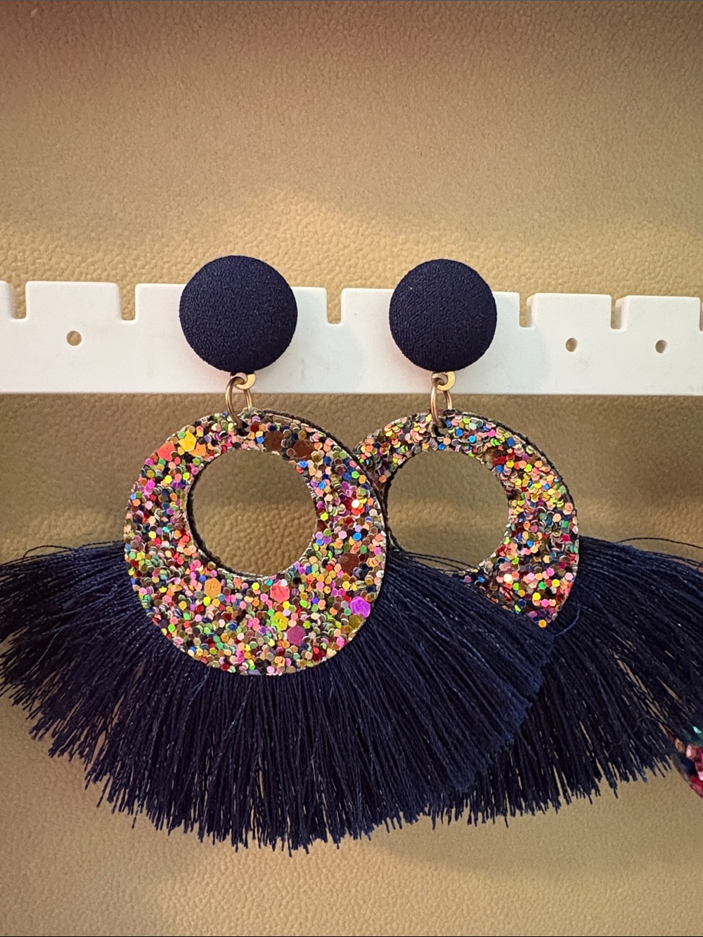 Navy Fringe Glitter Hoop Drop Earrings